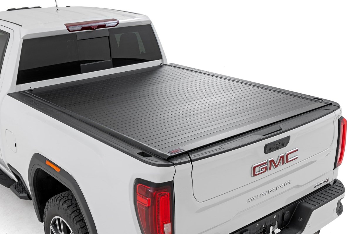 Chevrolet Silverado 3500HD Hard Roll Up Bed Cover - Rough Country - Matte Black Finish with Aluminum Slats - Black - '20-'25